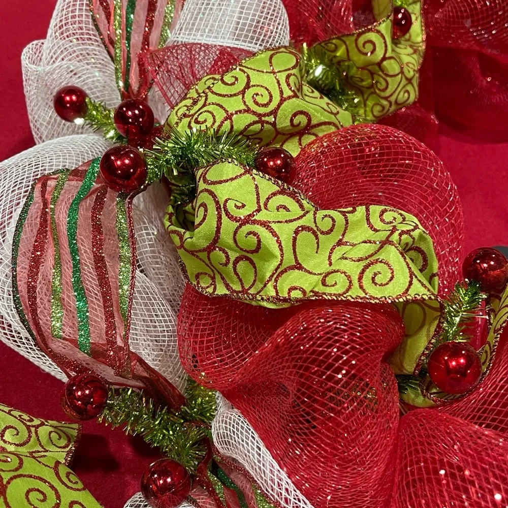 Handmade Christmas Deco Mesh Wreath with Lime Green Swirl Ribbon and Red Berries
